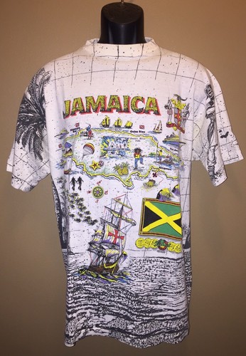 VTG JAMAICA All-Over Print TShirt ISLAND BOYZ Messina Beach Map Island PIRATE XL - Picture 3 of 12