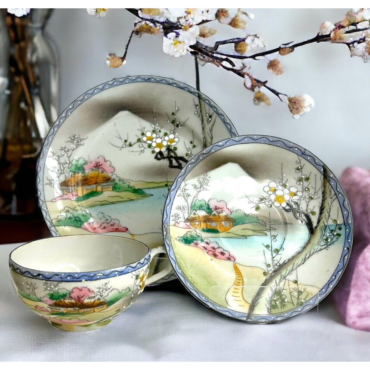 Nippon Hand Painted Cherry Blossom Moriage 3pc Set Tea Cup Saucer Luncheon  Plate