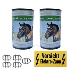 Weidezaunband 10 mm  4 Niro +5 Verbinder+1 Warnschild  400 Meter weiss