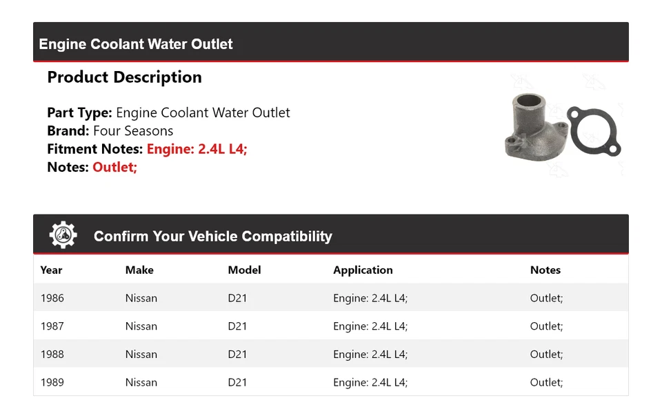 For 1986-1989 Nissan D21 2.4L L4 Engine Coolant Water Outlet 4 Seasons 1987 1988 - Image 2 of 4