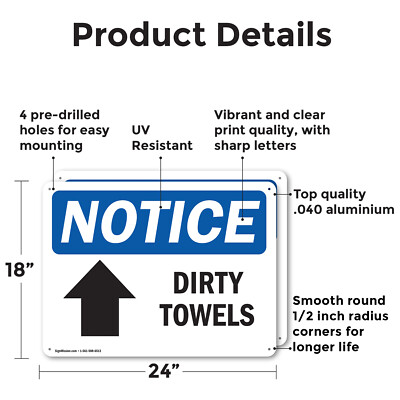 (2 Pack) Dirty Towels [Up Arrow] OSHA Notice Sign Decal Metal Plastic