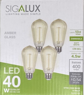 Sigalux Edison LED Dimmable Light Bulbs 40 W Equivalent Amber Glass Soft White