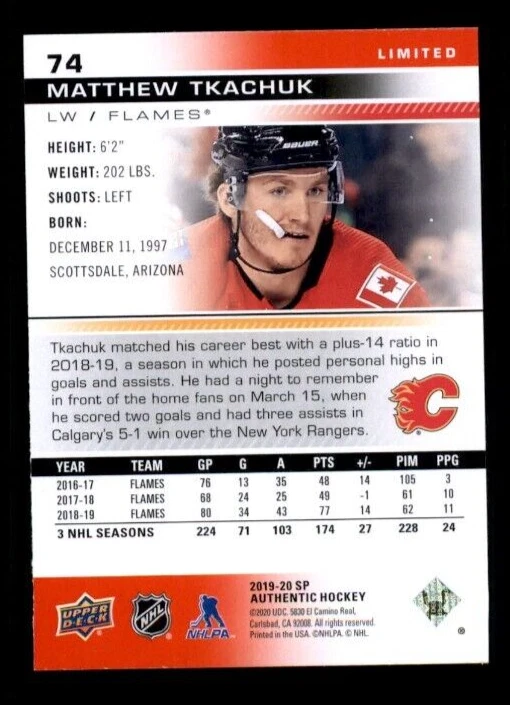 2019-20 SP Authentic Limited Red #74 Matthew Tkachuk. - Image 2 of 2