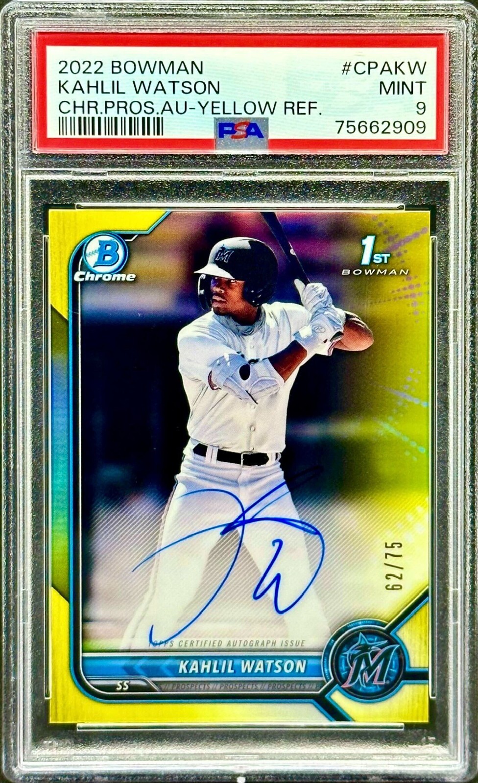2022 Bowman Chrome Kahlil Watson Yellow Refractor Auto SP 62/75 #CPAKW PSA 9