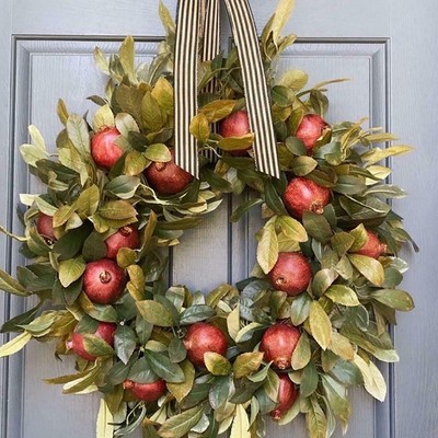 Autumn Fall Front Door Wreath Artificial Pomegranate Fruit Ribbon Bow Realistic