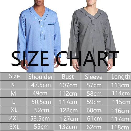 Herren Baumwolle Nachthemd Langarm Locker Lang Schlafshirt Pyjama Nachtwäsche Kleid - Bild 6 von 41