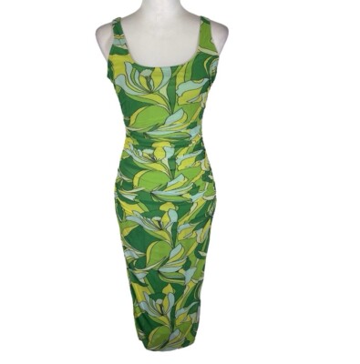 Bar III Bodycon Dress Womens XS Lime Green Printed Ruched Square Neck Pullover