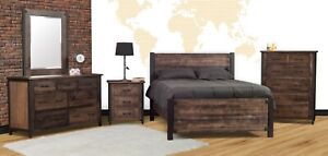 Amish 5 Pc Bedroom Set Rustic Industrial Solid Wood Black Metal Posts Queen King Ebay