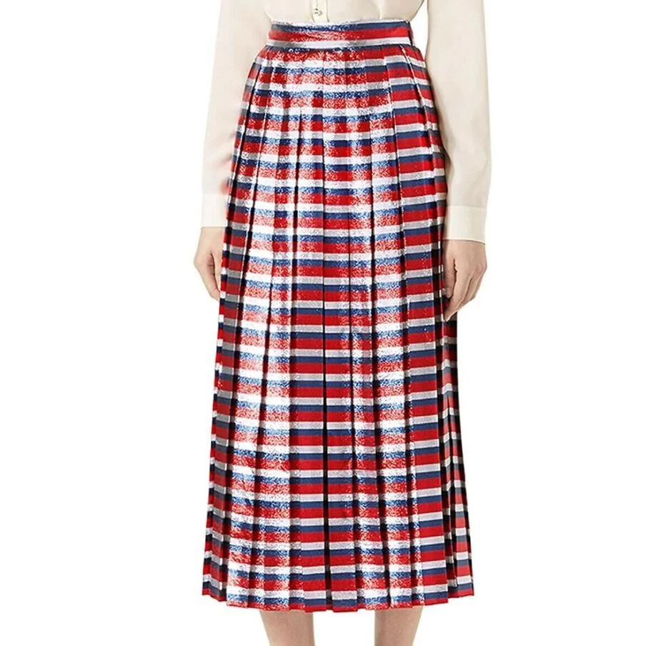 Gucci Women s Pleated Metallic Striped Midi Silk Red Silver Blue