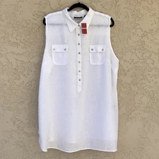 Avenue 100% Linen Sleeveless Shirt Blouse Sz 22-24 White Collared Chest Pocket