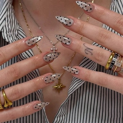 Press On Falsche Nägel Mandel Grau Katzenaugen Effekt Schwarz Polka Dot Design