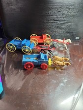 Vintage Red & Blue Ideal Toys Made In USA Set Of 3 Horse Wagon Carriage Plastic