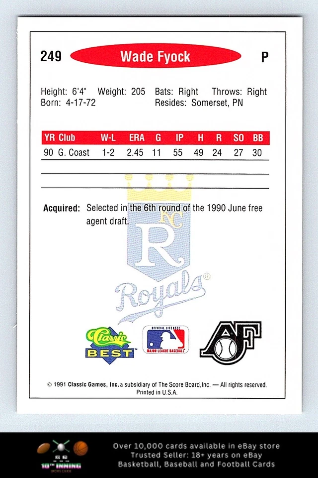 1991 Classic Best BASEBALL #249 Wade Fyock - Image 2 of 2