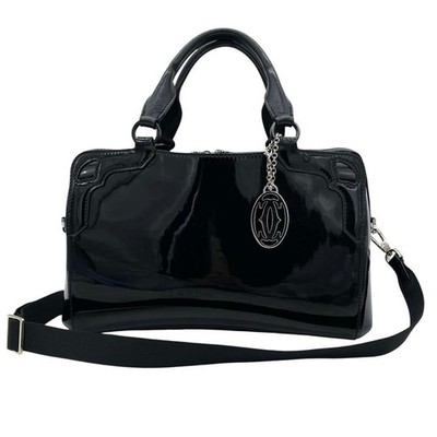 Cartier Marcello 2-Way Handbag Black Enamel Leather Japan 0712027