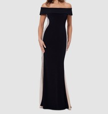 Xscape Women's Black Beaded Contrast Side Off-Shoulder Gown Dress Size 12