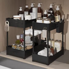 2 Pack Under Sink Organizer – Bathroom & Kitchen Cabinet Storage Rack with Hooks