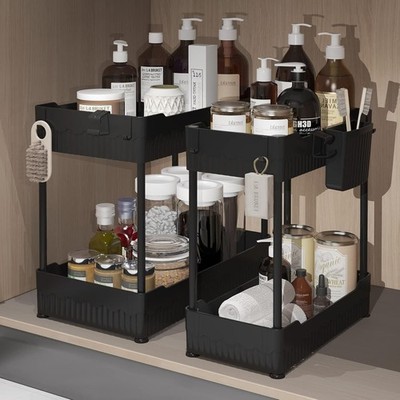 2 Pack Under Sink Organizer   Bathroom & Kitchen Cabinet Storage Rack with Hooks