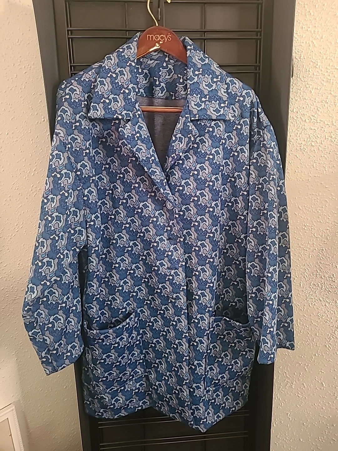 Vintage 70s Womens Blue Polyester Knit Wide Collar Jacket Blazer Hippy Preppy