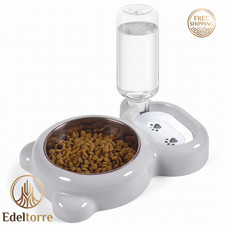 Dog Cat Bowls Set with Water Bottle - Food  Water Feeding Station Grey