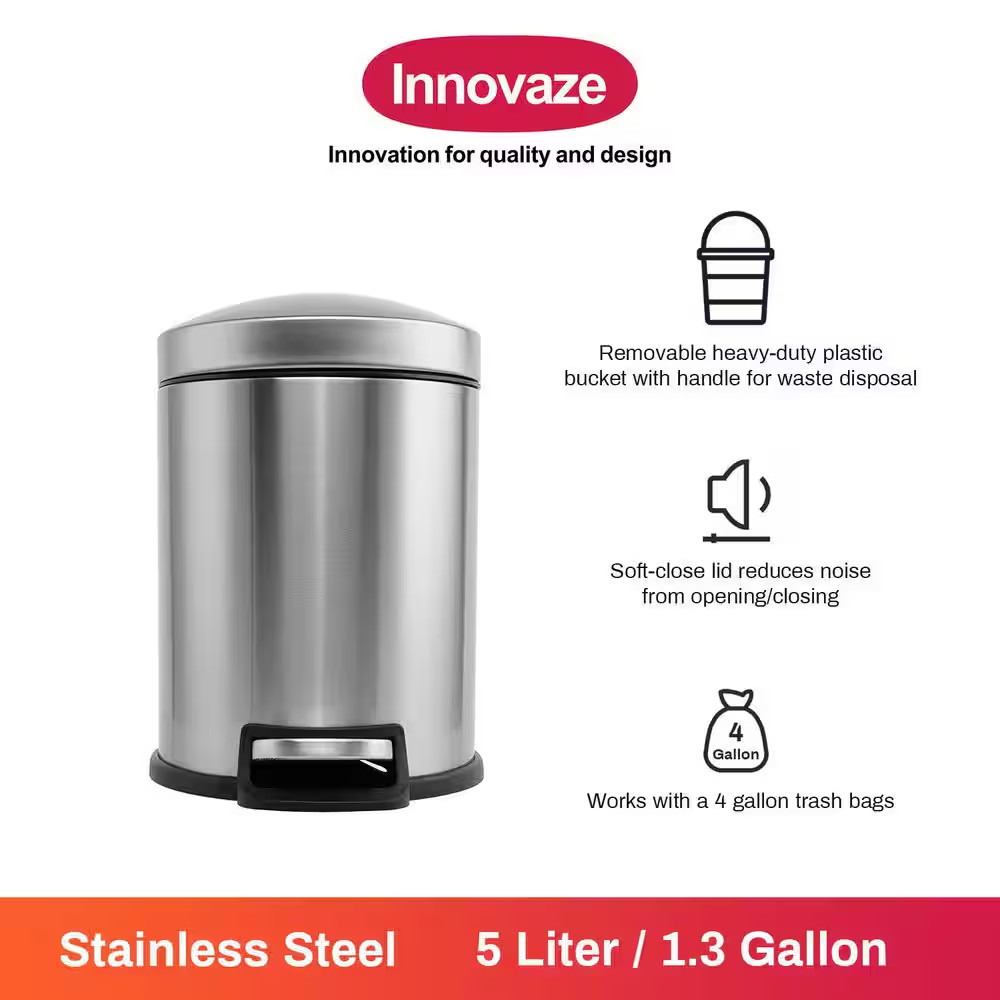 1.3 Gal. Stainless Steel Brushed Fingerprint-Resistant round Step-On Trash Can
