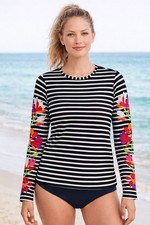Lands End UPF 50 Swim Tee Rash Guard XS Striped Floral Long Sleeve Top 2-4