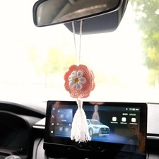 Crochet Daisy Charm, Car Mirror Hanging, Pink Flower Rear View Gift