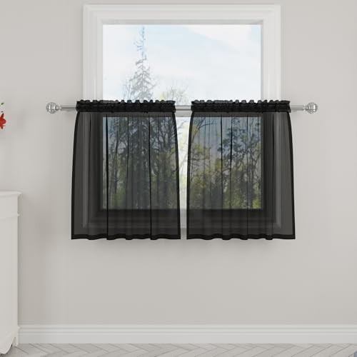 Black Sheer Tiers Curtains Set Semi Light Filtering Voile Rod Pocket Short - Picture 1 of 6