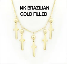 VFK 14K Brazilian Gold Filled Hanging Ball Cross Chain – 18'' Elegant Necklace