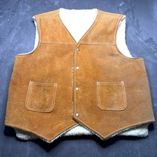 Vintage 70s Genuine Suede Shearling Lined Vest Mens L Brown Snap Western Rancher