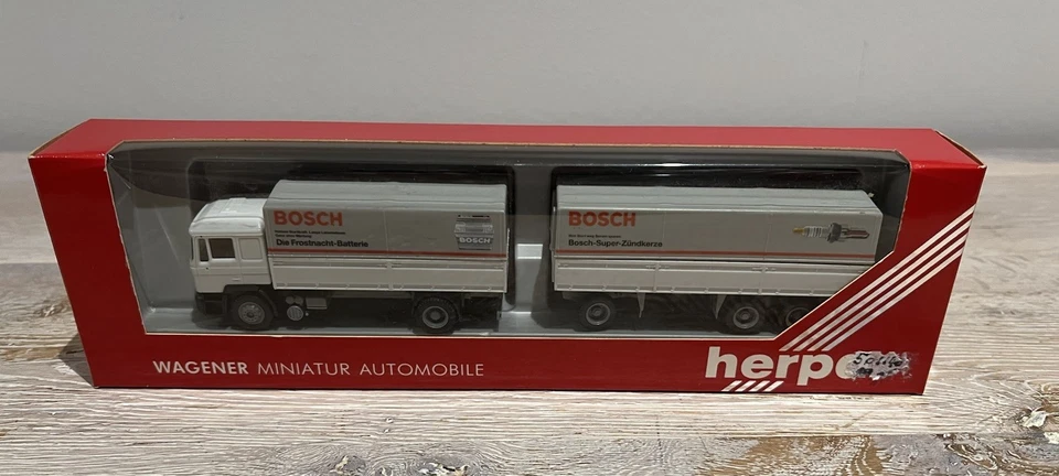 Herpa 859142 MAN F90 Pritschenhängerzug Bosch 1:87 Neu in OVP