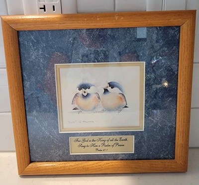 Valerie Pfeiffer  Duo  Blue Bird Chickadees Framed Art Print Signed, Psalm 47:7