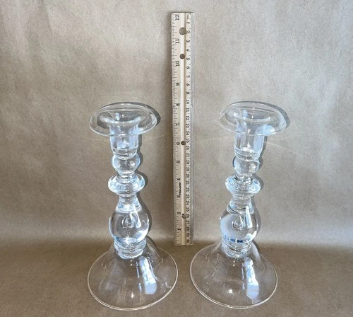 Steuben Art Glass Frederick Carder Pair Crystal Teardrop Candlesticks Holders