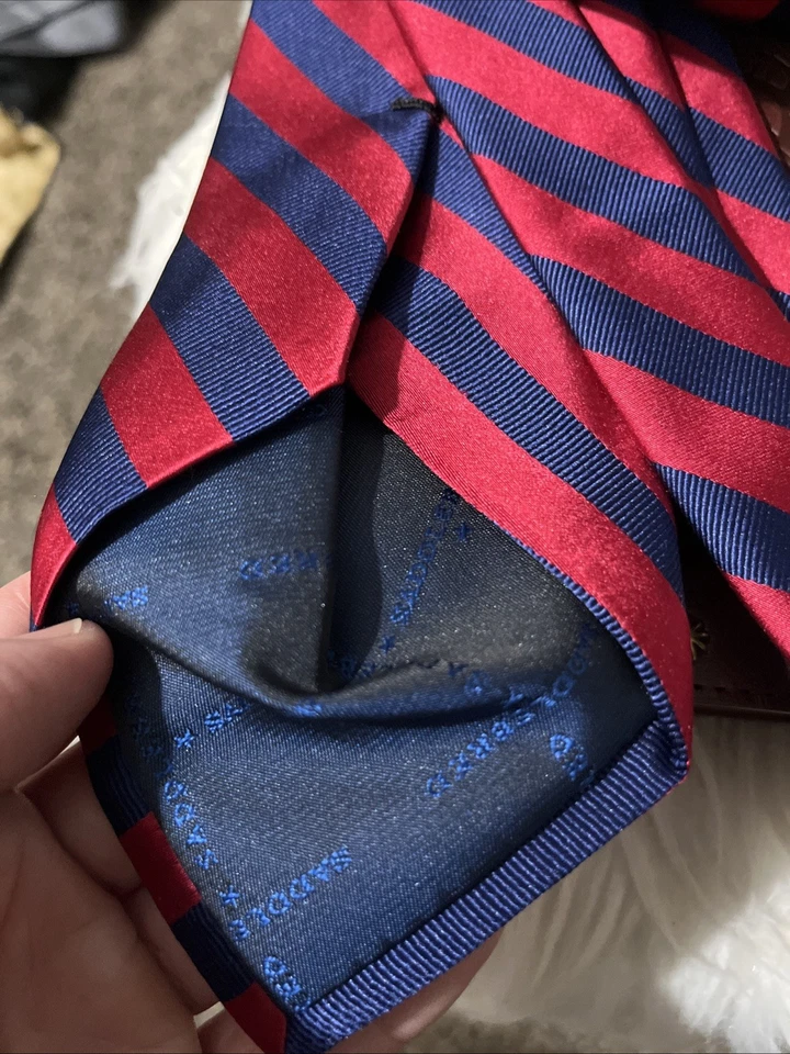 Saddlebred Handmade Necktie Silk Blend Red Blue Stripes Mens Tie CEO Preppy Dad - Image 4 of 4