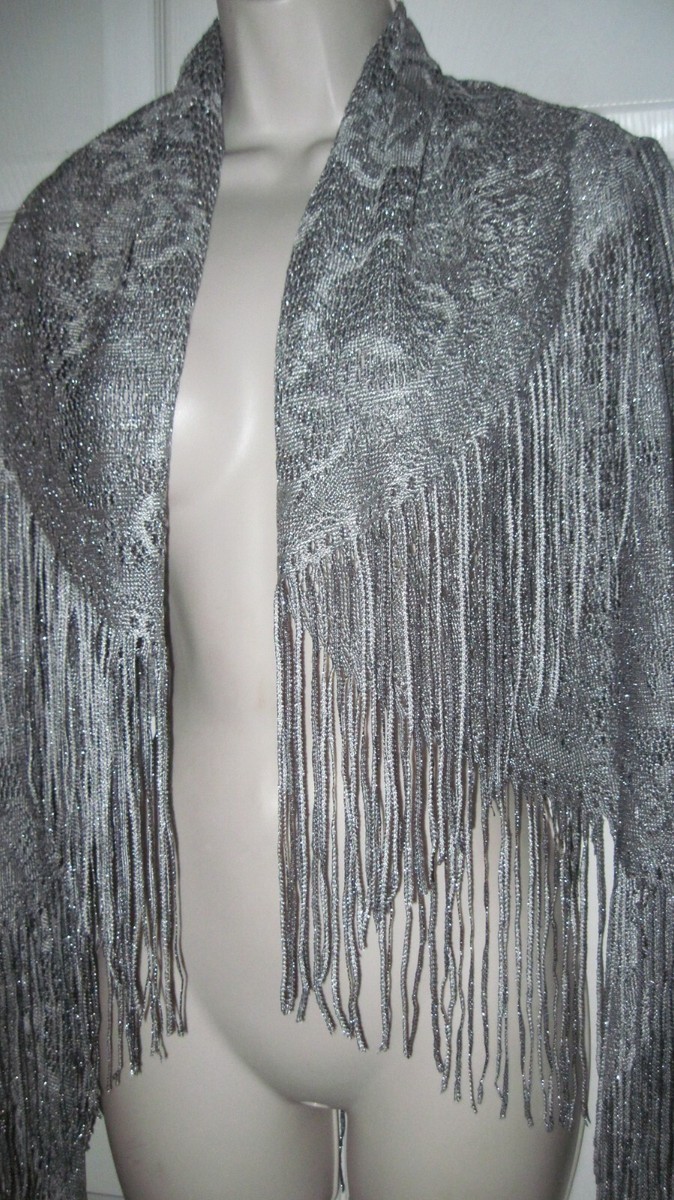 Women's Shawl Gray Silver Metallic Thin Crochet Knit Vintage
