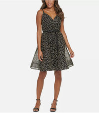 CALVIN KLEIN Sequin Mesh A-Line Party Dress Size 2 Black Sleeveless V-Neck NWT