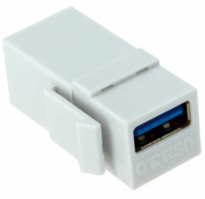 USB 3.0 or 2.0 A Female to A Female Inline Keystone Coupler Snap-In Insert White
