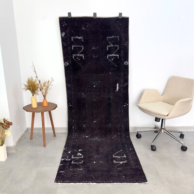 3x8 Vintage Turkish Rug Runner, Handmade Wool Rug, Oushak Rug, Black Navy Blue