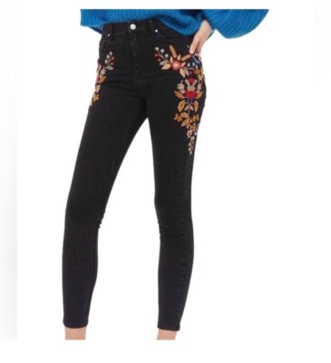 Top Shop Moto JAMIE Jeans High Waisted Flower Embroidered W32 L30