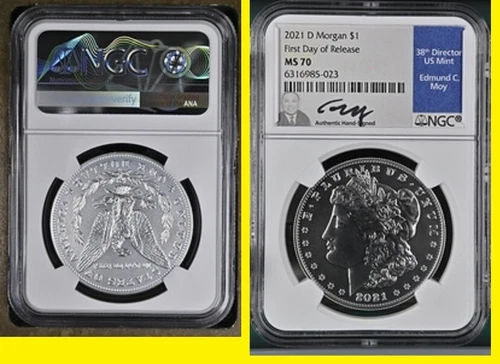 2021 D Morgan Dollar First day Release NGC MS 70 signed Edmund C. Moy pop 106
