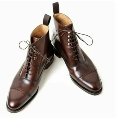 Handmade Men's Genuine Brown Leather Cap Toe High Ankle Lace Up Dress Boots