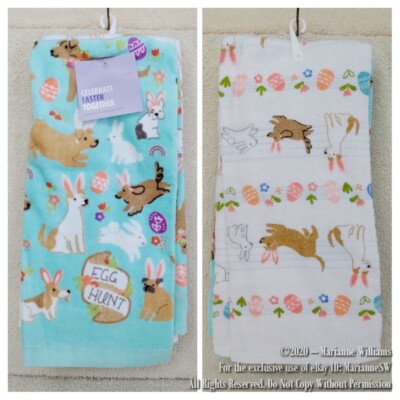 2 NEW SPRING EASTER KITCHEN TOWELS DOGS W BUNNY EARS & BUNNIES EGG HUNT