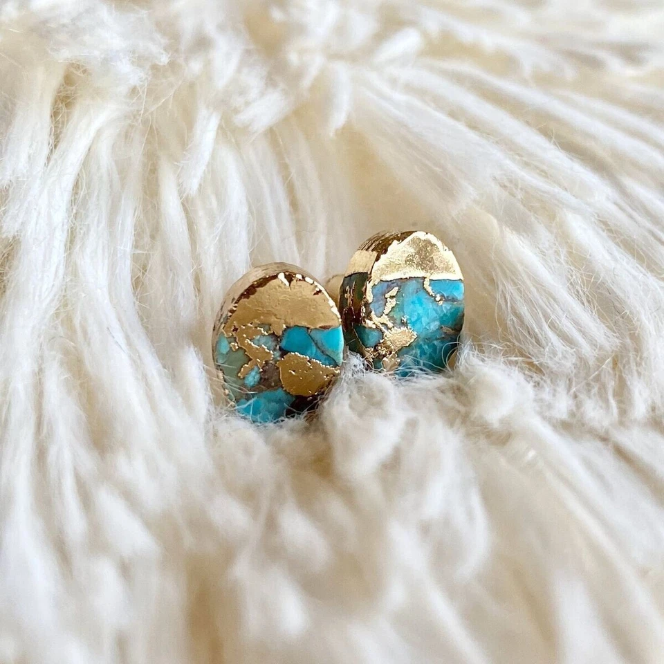 Genuine Turquoise Gold Plated Women Healing Reiki Dainty Oval Stud Earrings Gift - Image 2 of 3