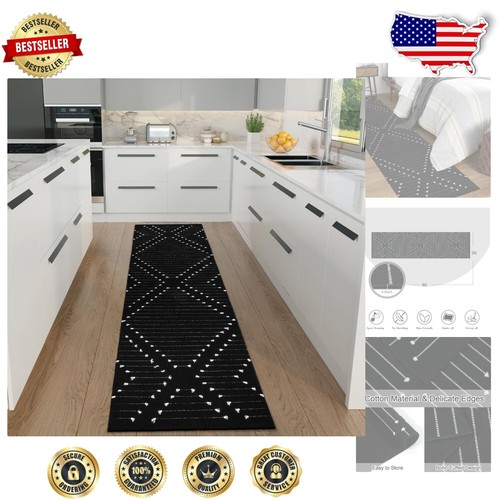Durable 2'x8' Washable Runner Rug - Elegant Black Bohemian Entryway Carpet - 第 1/11 張圖片