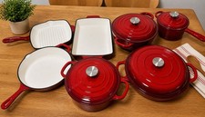 Image of 11pc Enamel Cast Iron Cookware Set Red Dutch Oven Casserole Frying Pan Grill Pan