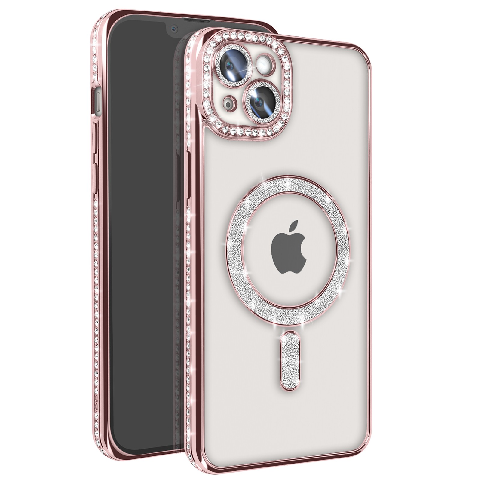 Coque diamant pour iPhone 14 Plus contour strass rose pailleté