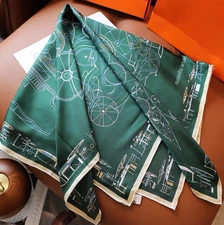  Pure 18 Momme Twill Silk Bandanna Scarf Wrap wheel Print Square Shawl 90X90cm