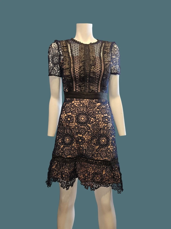 Vestido Aqua Floral Crochet Encaje Femenino Chic Boho Azul Marino/Negro Forrado Mujeres XS Foto 3 de 4