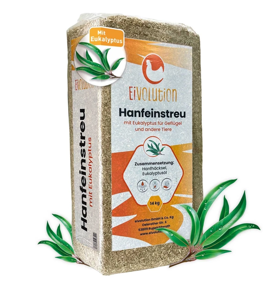 Eivolution 14kg Hanfeinstreu mit Eukalyptus - für Hühner, Pferde, Ziegen