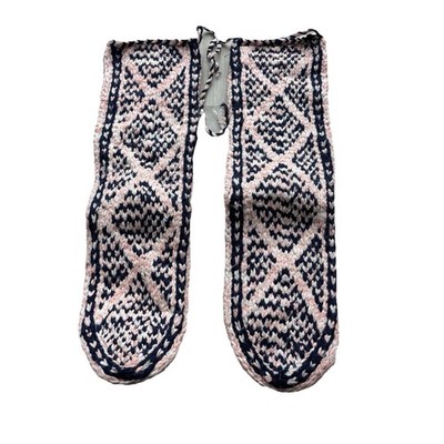 Handmade Wool Mukluk Slippers Pakistan Geometric Knit Pink Cream Leather Sole 8