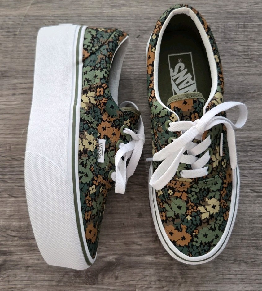 Women's Vans Era Stackform Camo Floral Loden Green Platform Shoes